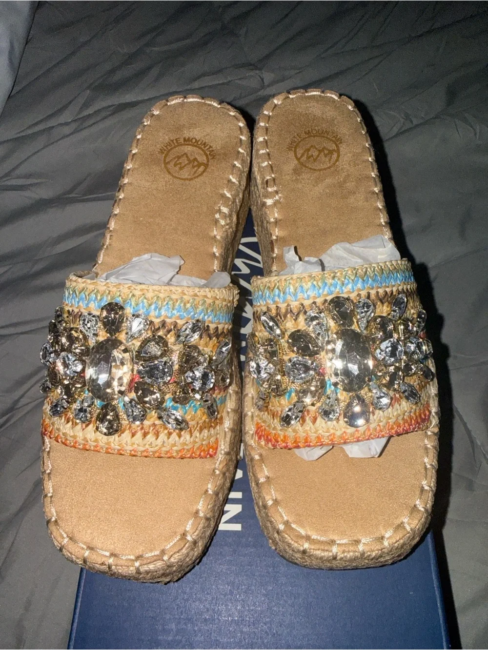 White Mountain Tan Wedge Slide Sandals with Multicolor Crochet & Crystal Accents - Picture 1 of 8